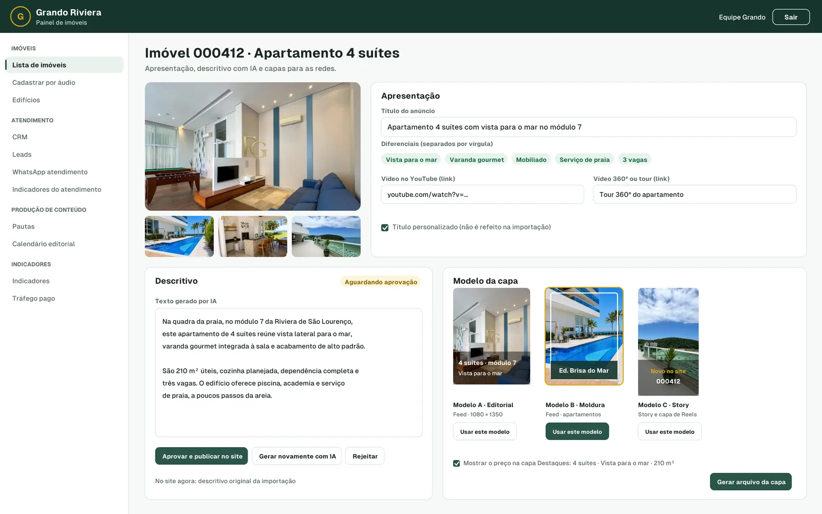 Tela do painel: Apresentação personalizada do imóvel (dados fictícios)