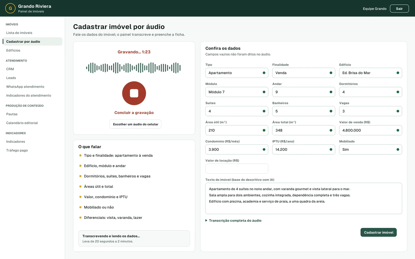 Tela do painel: Cadastro de imóveis por voz (dados fictícios)