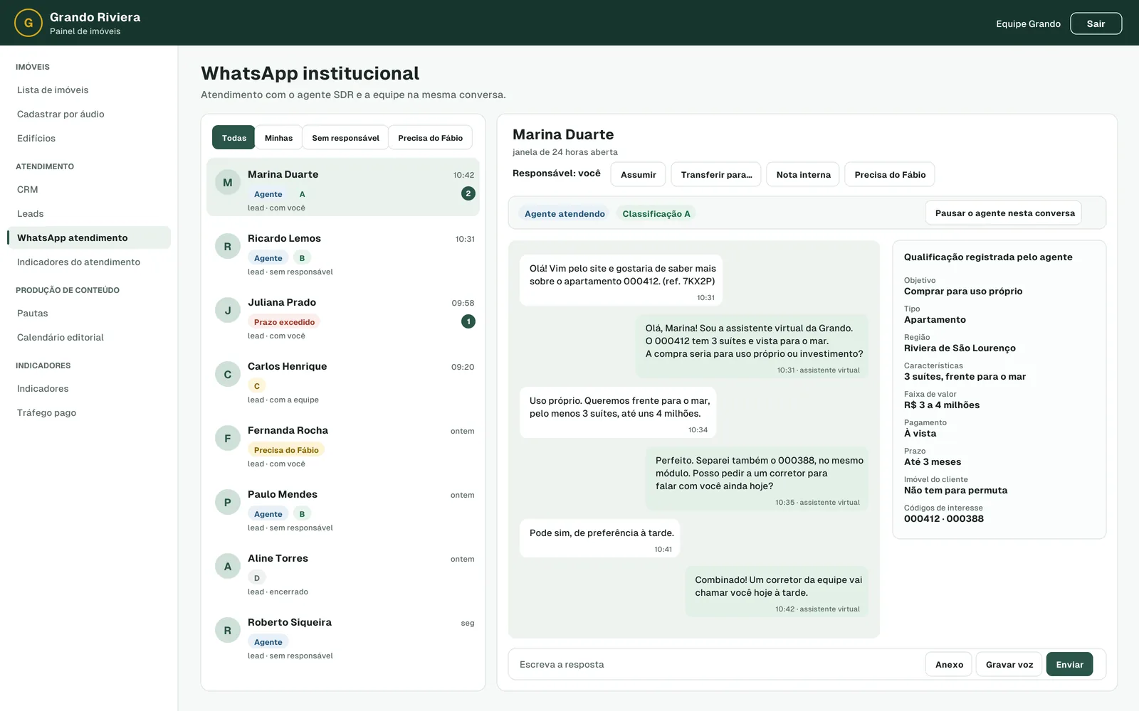 Tela do painel: Agente SDR no WhatsApp (dados fictícios)
